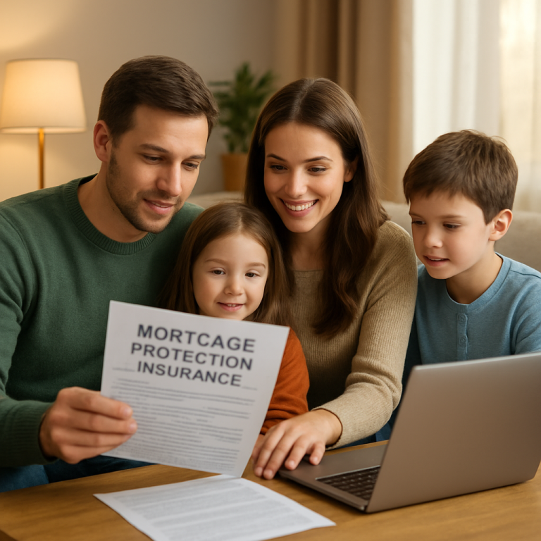 A cozy living room with a family gathered around a laptop, reviewing mortgage documents. Alt: Family reviewing mortgage protection insurance documents.