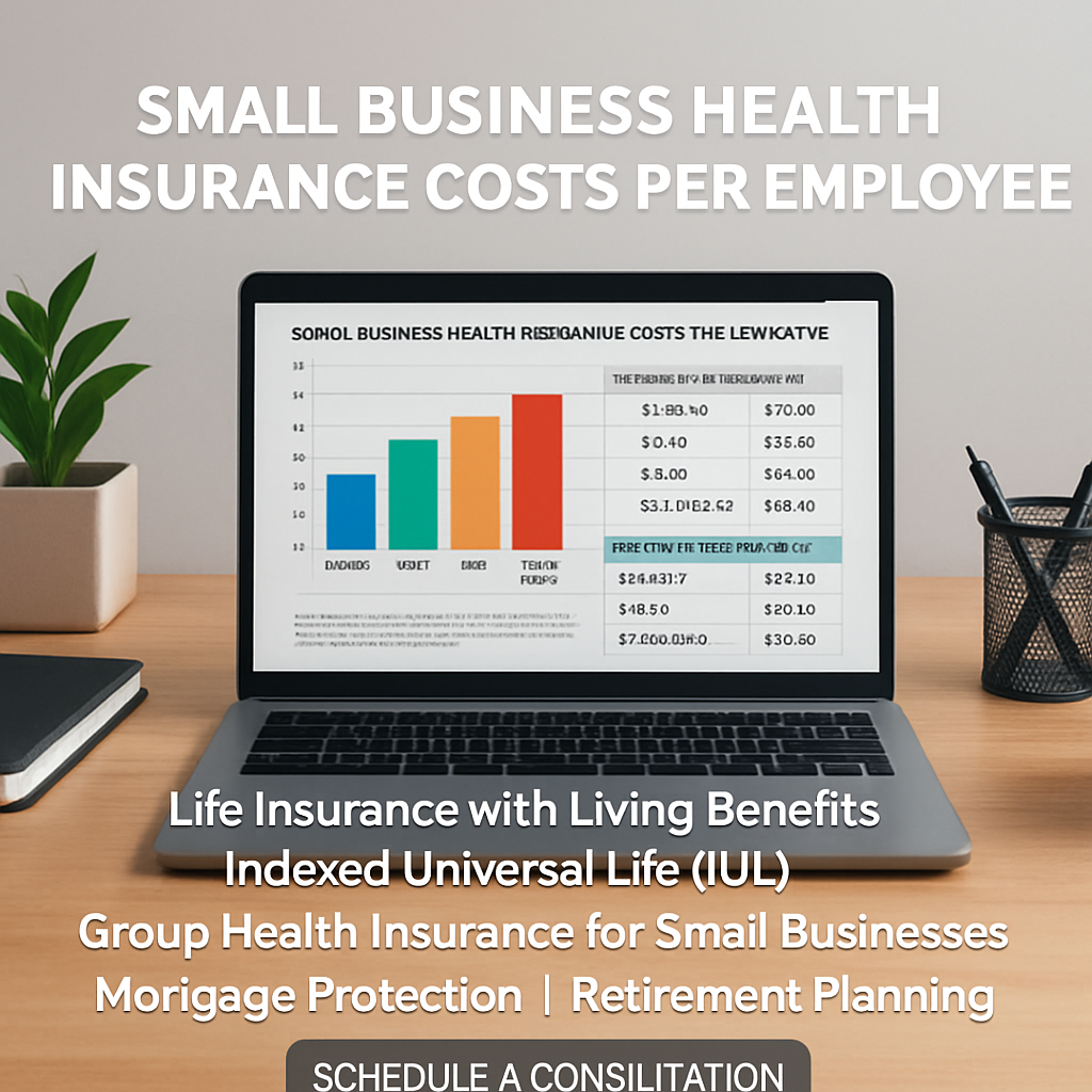 An office desk with a laptop open to a colorful spreadsheet chart showing employee age groups and health insurance costs. Alt: small business health insurance costs per employee spreadsheet visualization.