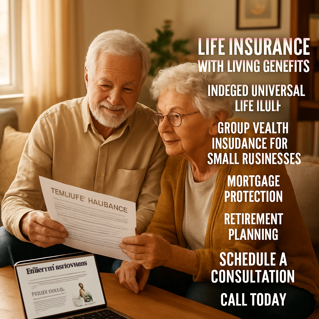 A warm, sunlit living room with a senior couple reviewing insurance documents together, a laptop open to a term life policy page. Alt: term life insurance with long term care rider basics illustration