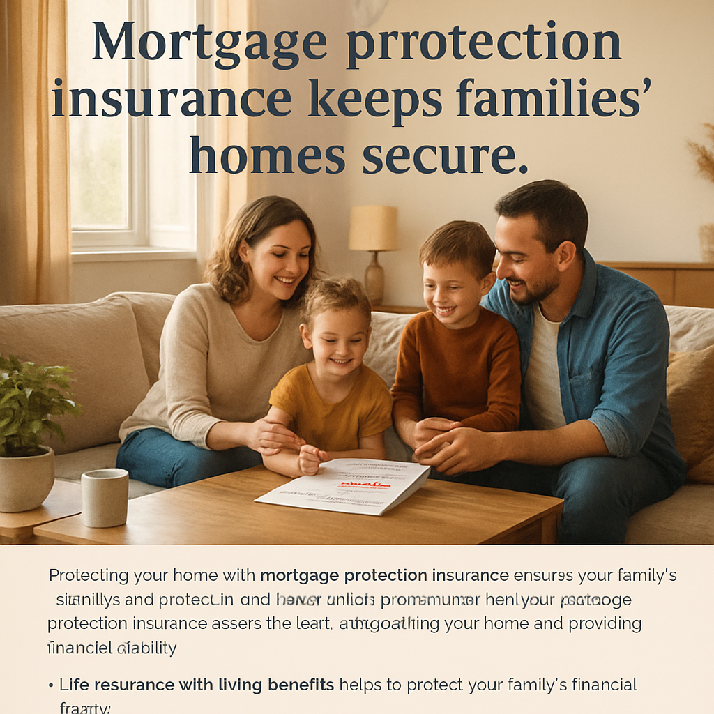 A warm, sunlit living room with a family gathered around a coffee table, a mortgage statement visible on the table, showing a “Paid” stamp. Alt: Mortgage protection insurance keeps families’ homes secure.
