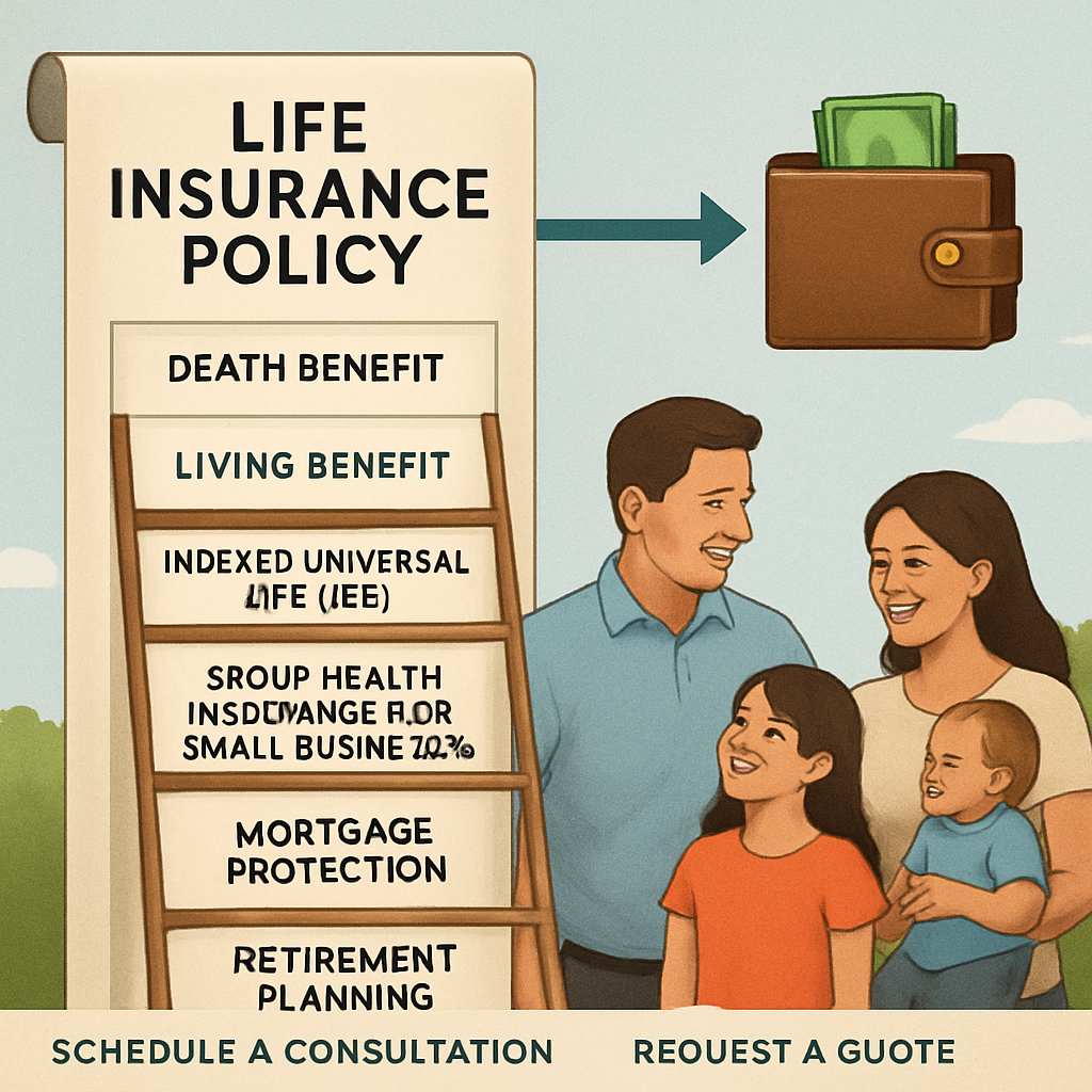 A diagram showing a life insurance policy with a ladder of benefits, a branch labeled “living benefit” pointing to a wallet, and a family enjoying daily life. Alt: Diagram of life insurance living benefit concept