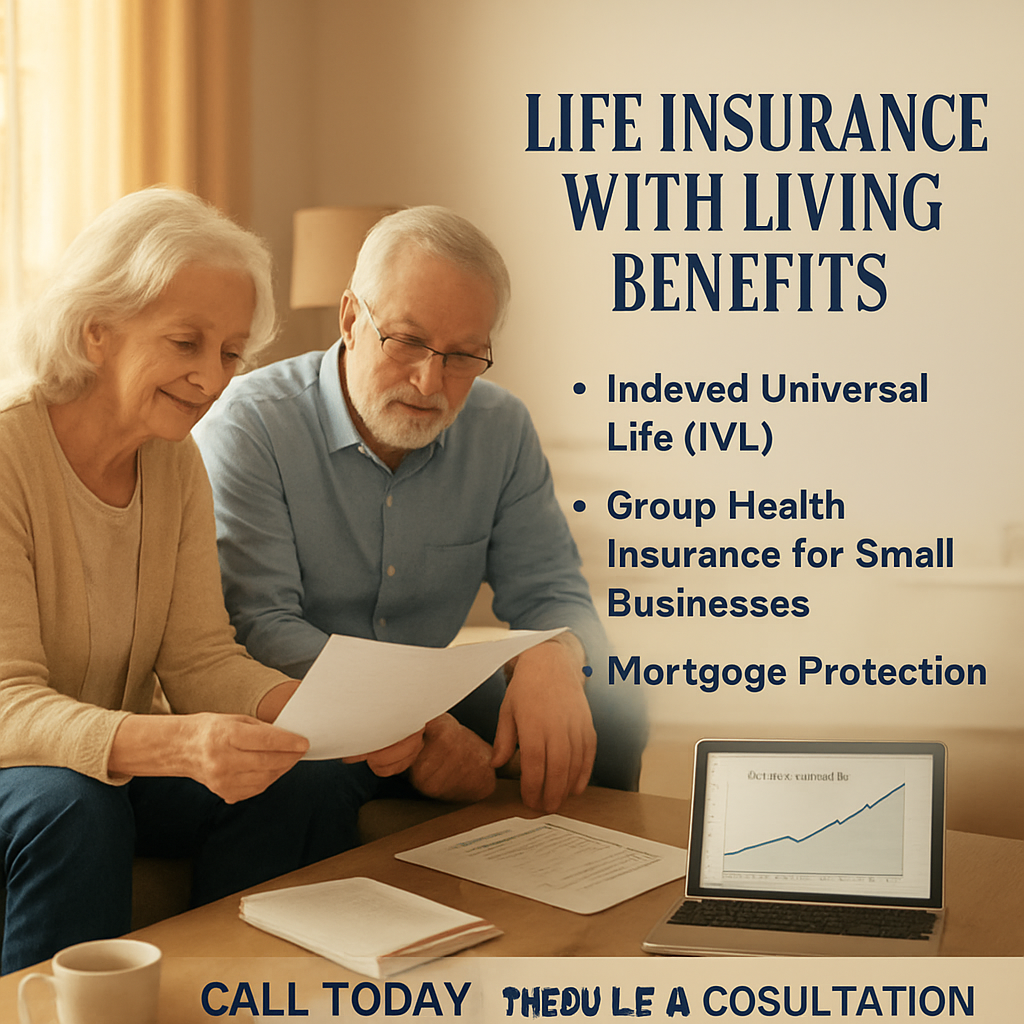 A warm, sunlit living room with an elderly couple reviewing paperwork on a coffee table, showing a life insurance policy document and a laptop displaying cash‑value growth charts. Alt: Whole life insurance with long term care rider basics illustration.