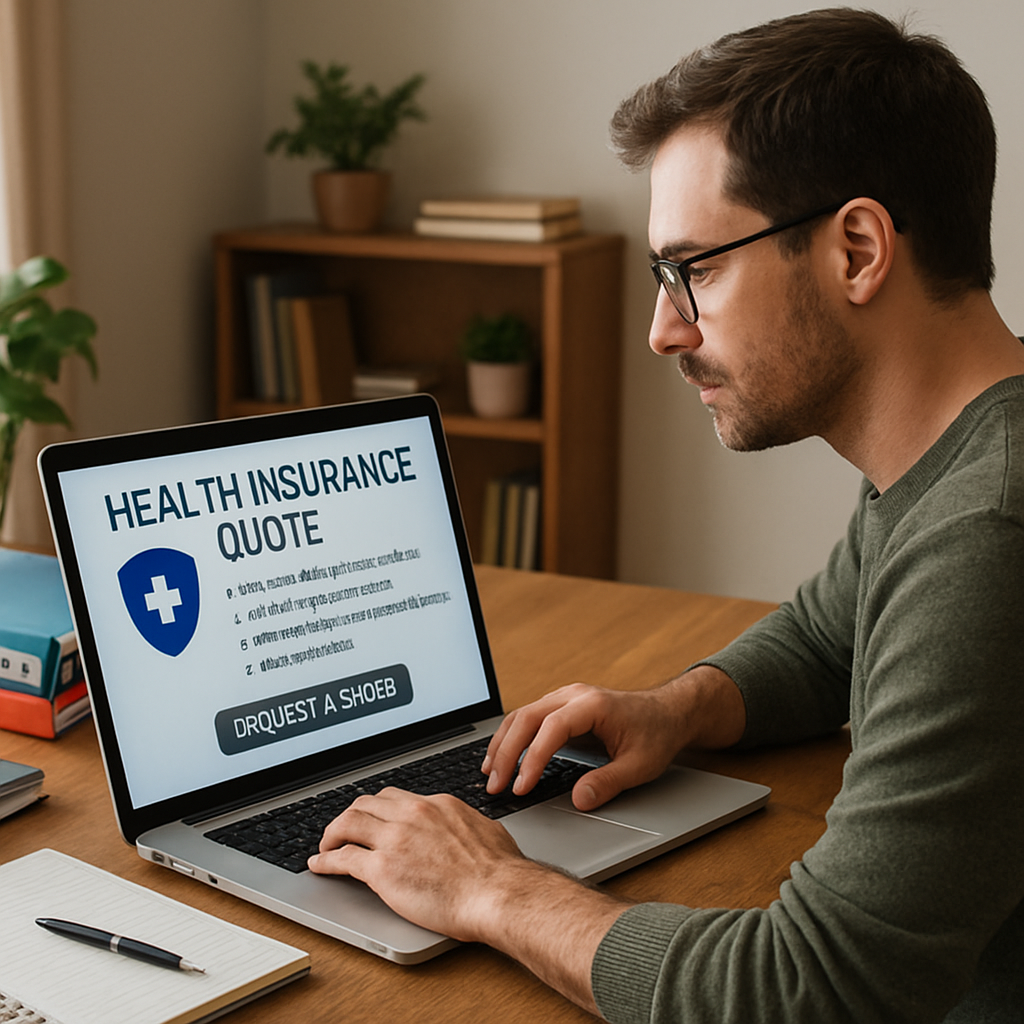 A realistic depiction of a freelance graphic designer reviewing a health insurance quote on a laptop, surrounded by client project files, in a cozy home office setting. Alt: freelance health insurance decision