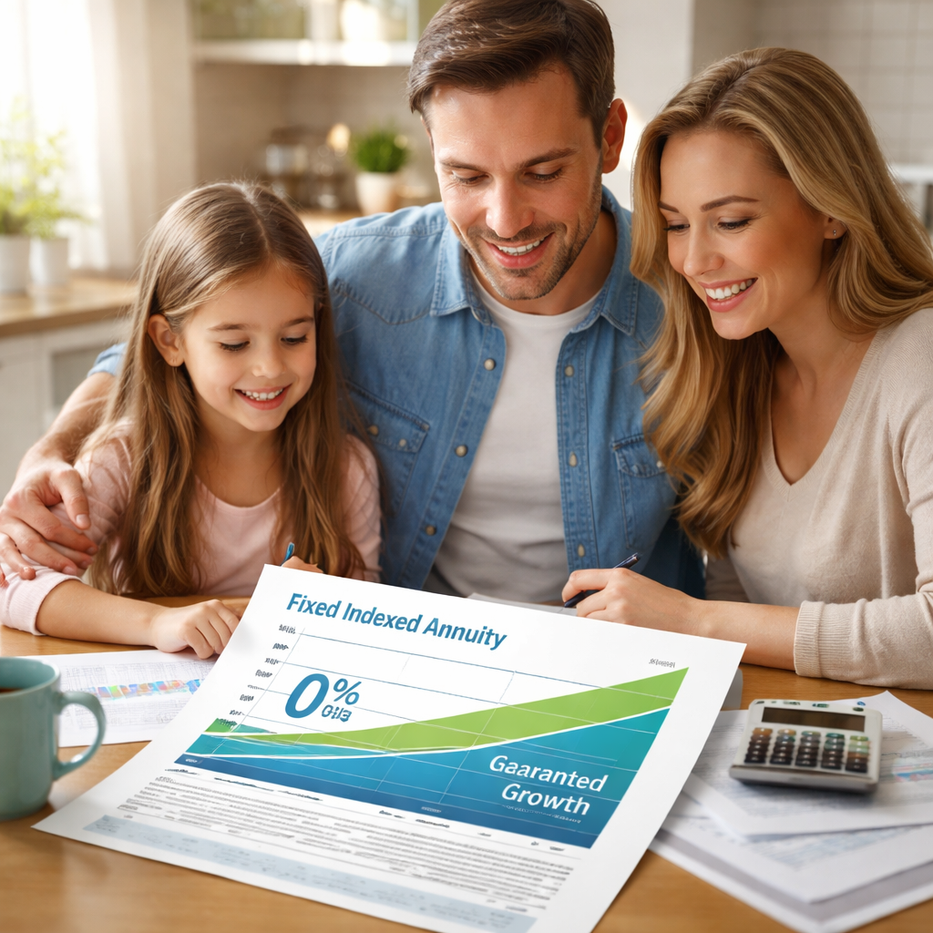 A photorealistic scene of a family reviewing a fixed indexed annuity illustration on a kitchen table, with charts showing a zero‑percent floor and guaranteed interest, conveying financial safety and peace of mind. Alt: Fixed indexed annuity principal protection visual.