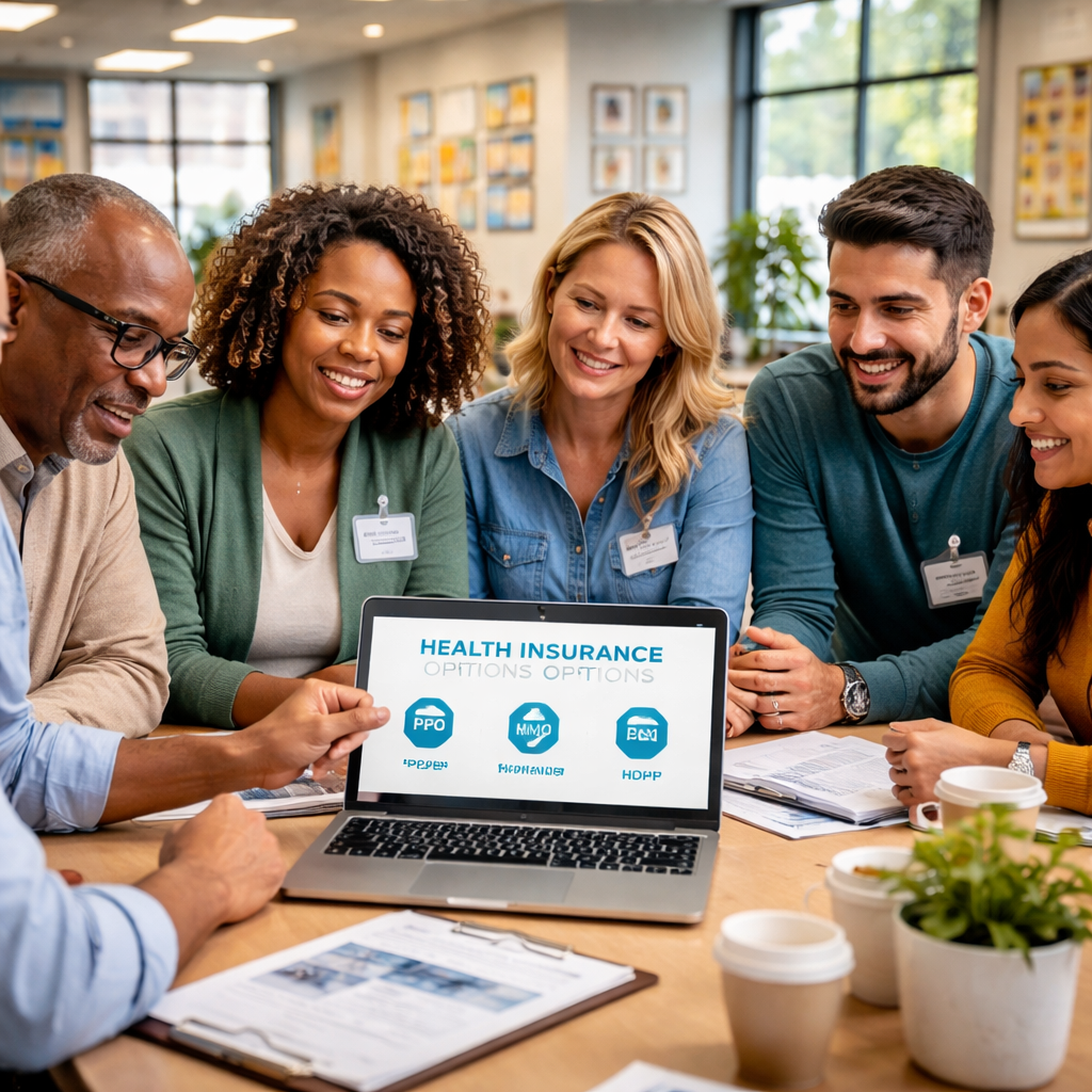 A photorealistic scene of a diverse nonprofit staff gathered around a conference table, reviewing health insurance options on a laptop, with a background view of a community center. Alt: group health insurance for nonprofits eligibility and benefits discussion in realistic style.