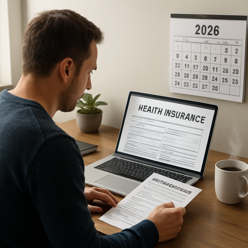 A photorealistic scene of a home office where a solo entrepreneur sits at a desk reviewing health insurance documents on a laptop, a cup of coffee steaming nearby, and a wall calendar showing the current date in 2026. The setting conveys focus and professionalism, targeting small‑business owners seeking health coverage.