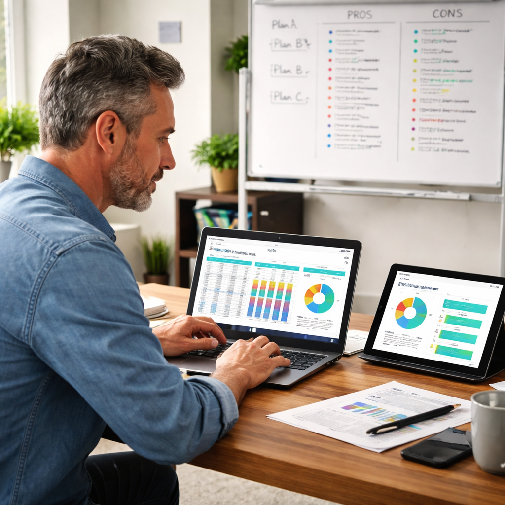 A photorealistic scene of a small business owner sitting at a desk, reviewing a colorful spreadsheet on a laptop while a tablet nearby shows a health‑survey dashboard; a whiteboard in the background displays a simple pros‑and‑cons chart for different health‑plan options. Alt: Small business owner assessing workforce health needs with data visualizations.