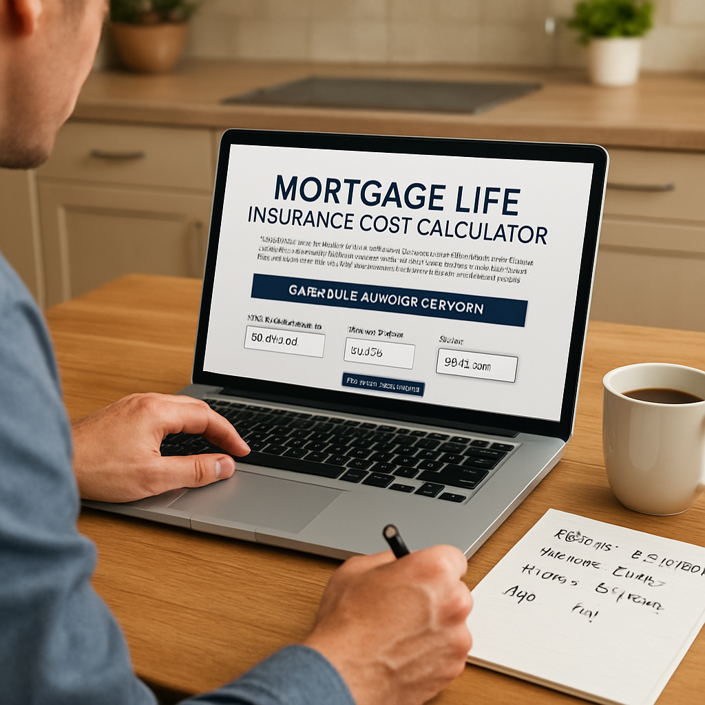 A photorealistic scene of a homeowner sitting at a kitchen table, laptop open to a mortgage portal, handwritten notes of balance, interest rate, term, and age beside a cup of coffee. Alt: mortgage life insurance cost calculator gathering mortgage details in realistic style.