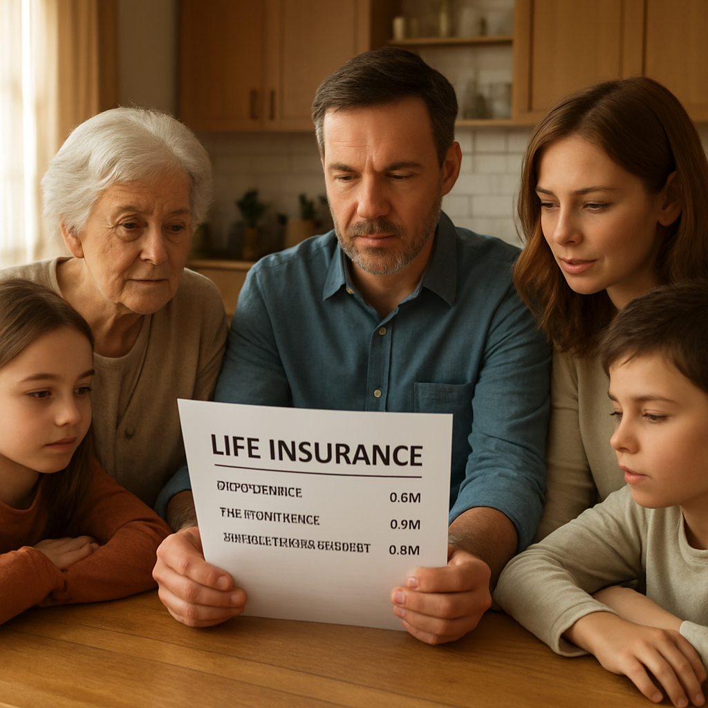 A photorealistic scene of a family gathered around a kitchen table, reviewing a life insurance statement that highlights the base premium, rider surcharge, and optional living‑benefit features. Warm natural lighting, realistic textures, showing a senior parent, a middle‑aged couple, and two kids, emphasizing financial planning for long‑term care cost. Alt: "Understanding life insurance with long term care rider cost breakdown."