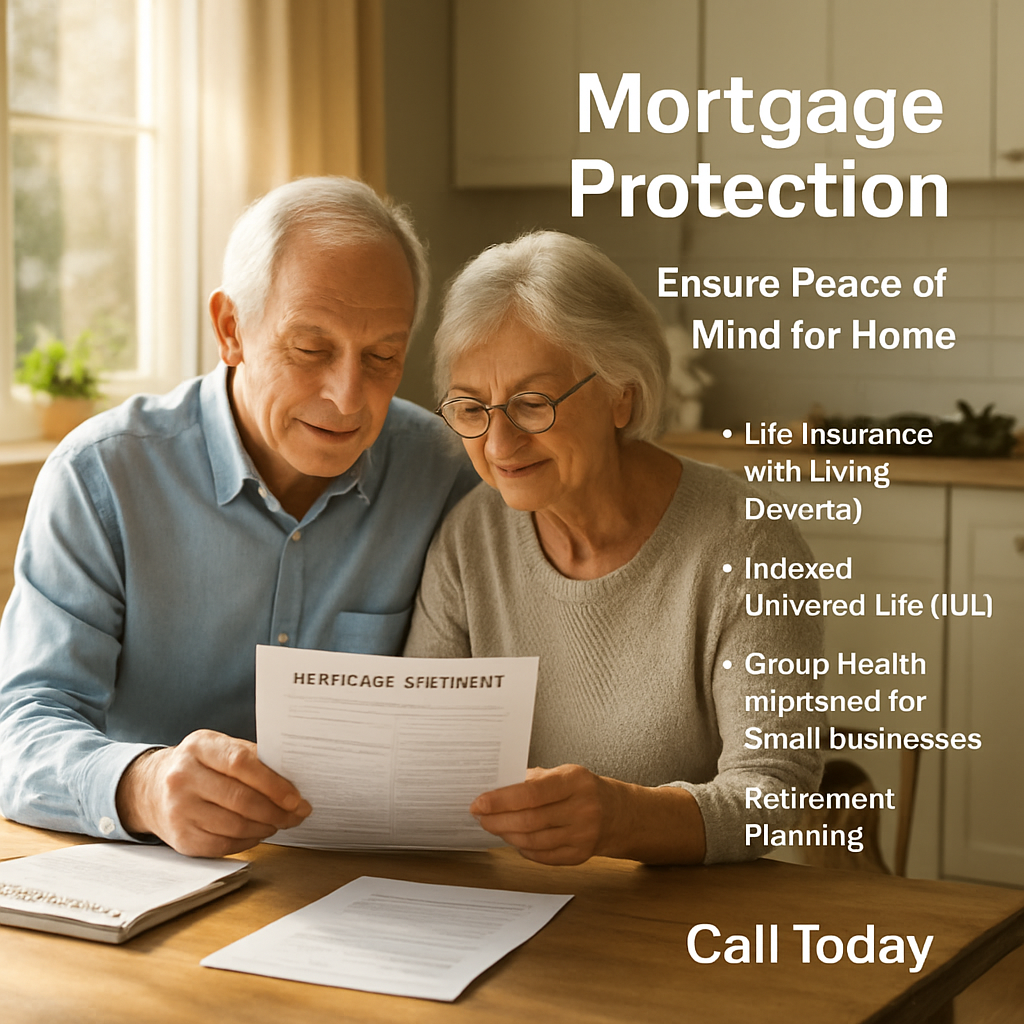 A photorealistic scene of a senior couple reviewing a mortgage statement at a kitchen table, sunlight streaming through a window, highlighting a sense of security and peace of mind. Alt: senior couple discussing mortgage protection insurance for seniors.