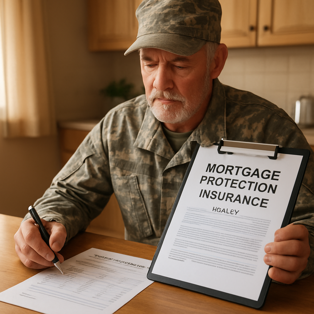 A photorealistic scene of a veteran sitting at a kitchen table reviewing a mortgage statement, with a clipboard showing a mortgage protection insurance policy, warm natural lighting, emphasizing family security and financial peace of mind. Alt: Veteran reviewing mortgage protection insurance options at home.