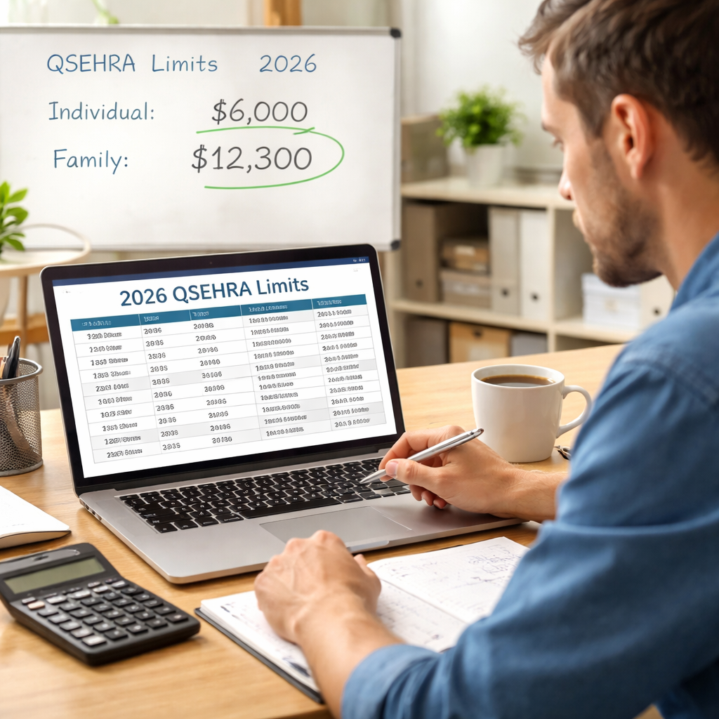 A photorealistic office scene showing a small‑business owner reviewing a spreadsheet of QSEHRA limits on a laptop, with a calculator, coffee mug, and a whiteboard displaying the 2026 individual ($6,000) and family ($12,300) caps. Alt: Detailed view of QSEHRA limits spreadsheet for small business owners.