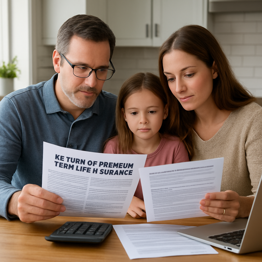 A photorealistic scene of a family sitting at a kitchen table reviewing return of premium term life insurance quote documents, calculator and laptop visible. Alt: Return of premium term life insurance quotes illustration.