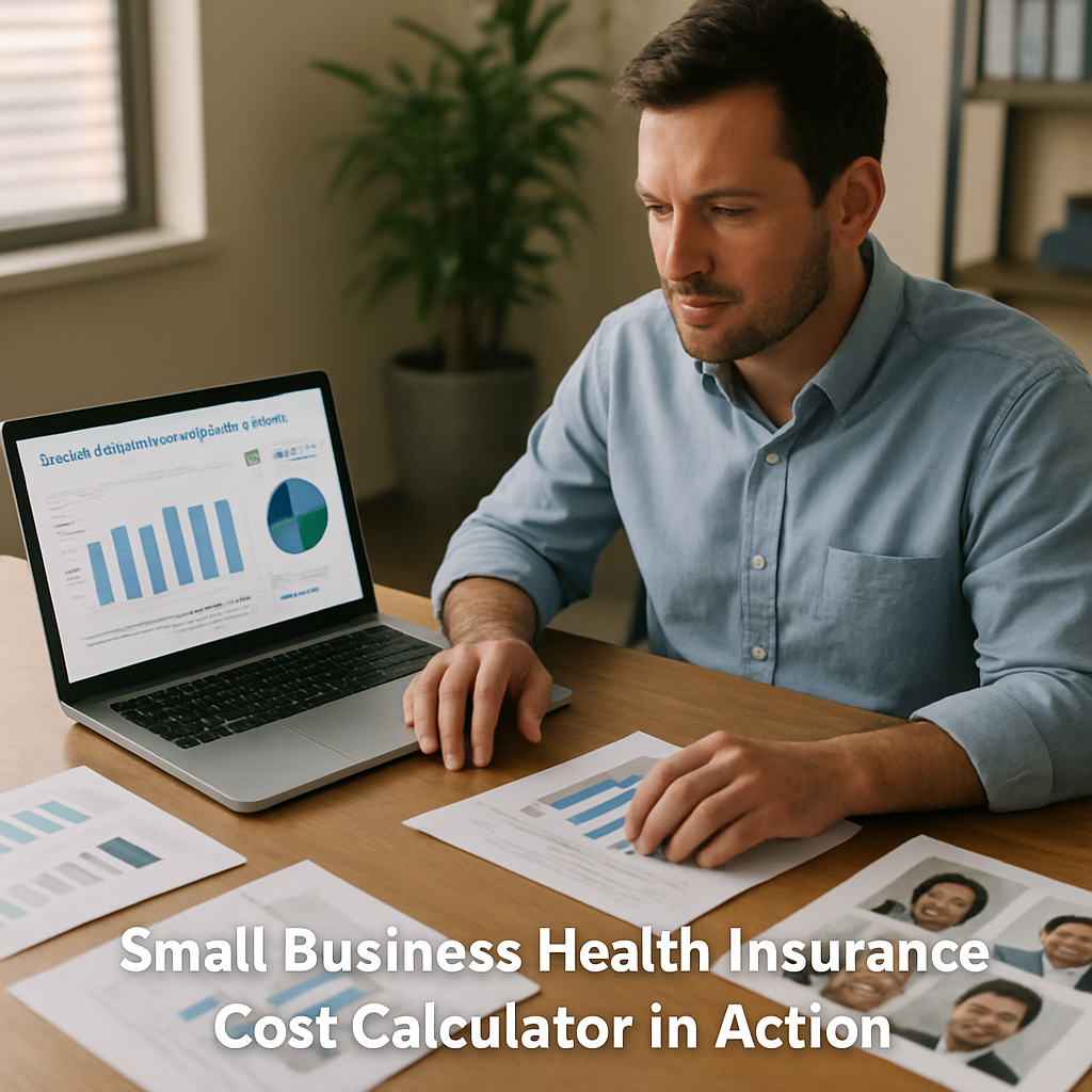 A photorealistic scene of a small business owner at a desk, laptop open to a health insurance cost calculator dashboard, with charts and employee photos nearby, realistic lighting, office setting, showing focus on budgeting and decision‑making. Alt: Small business health insurance cost calculator in action.