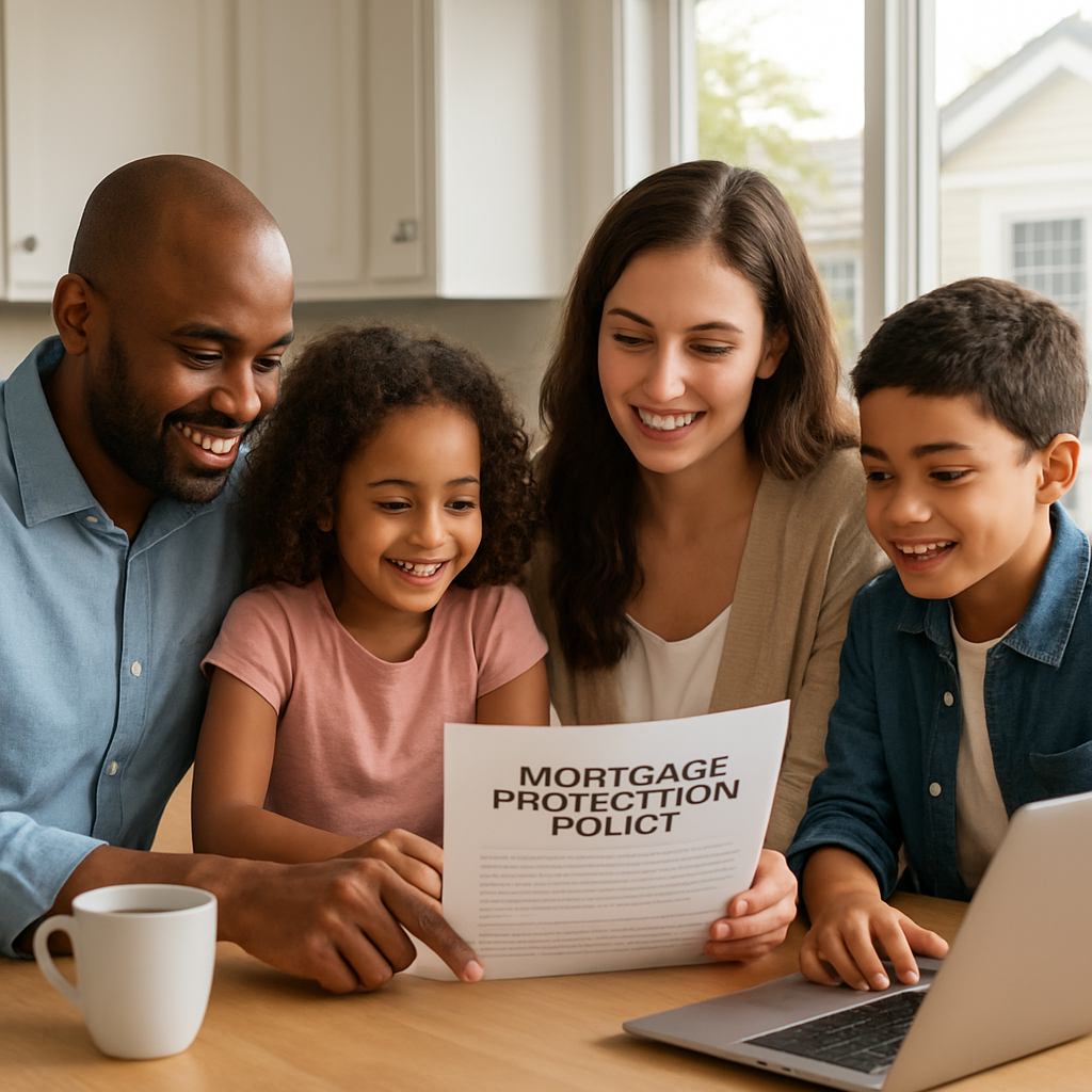 A photorealistic scene of a diverse family sitting around a kitchen table, reviewing a mortgage protection policy document with a laptop open, a cup of coffee steaming, and a subtle background of a home’s exterior visible through a window. Alt: Best mortgage protection insurance companies helping families secure their home.