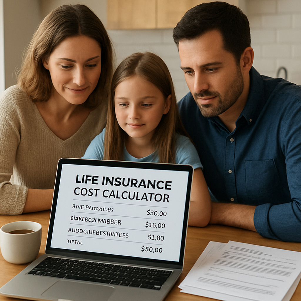 A photorealistic scene of a family sitting at a kitchen table with a laptop open to a life insurance cost calculator, a stack of bills, and a cup of coffee; the focus is on the calculator screen showing line items for base premium, rider surcharge, and administrative fees. Alt: Detailed breakdown of life insurance with living benefits cost for families.