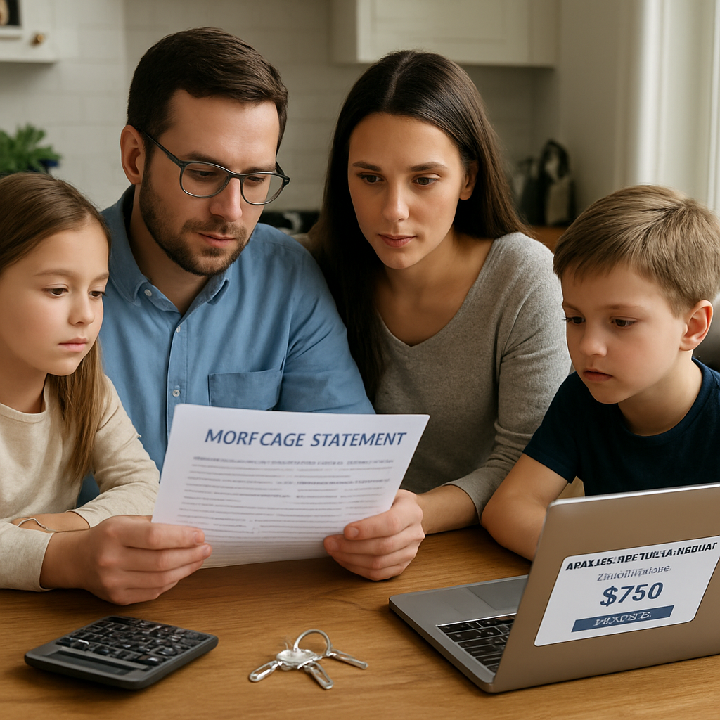 A photorealistic scene of a family gathered around a kitchen table, reviewing a mortgage statement with a calculator, home keys, and a laptop open to a mortgage protection insurance cost calculator. Alt: mortgage protection insurance cost per month assessment.