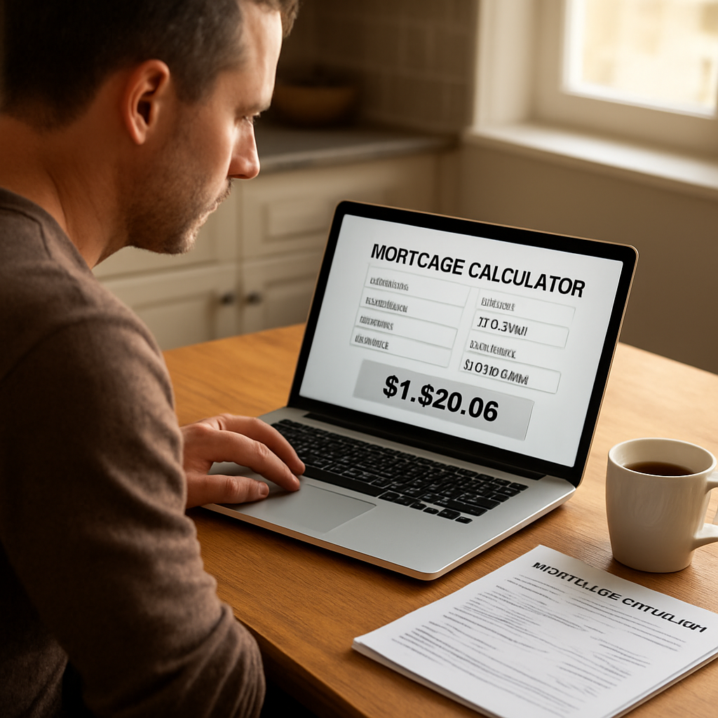 A photorealistic scene of a homeowner at a kitchen table, laptop open to a mortgage calculator, a stack of mortgage statements beside a coffee mug, sunlight streaming in, emphasizing budgeting for mortgage protection insurance cost per month. Alt: realistic home budgeting for mortgage protection insurance cost per month.