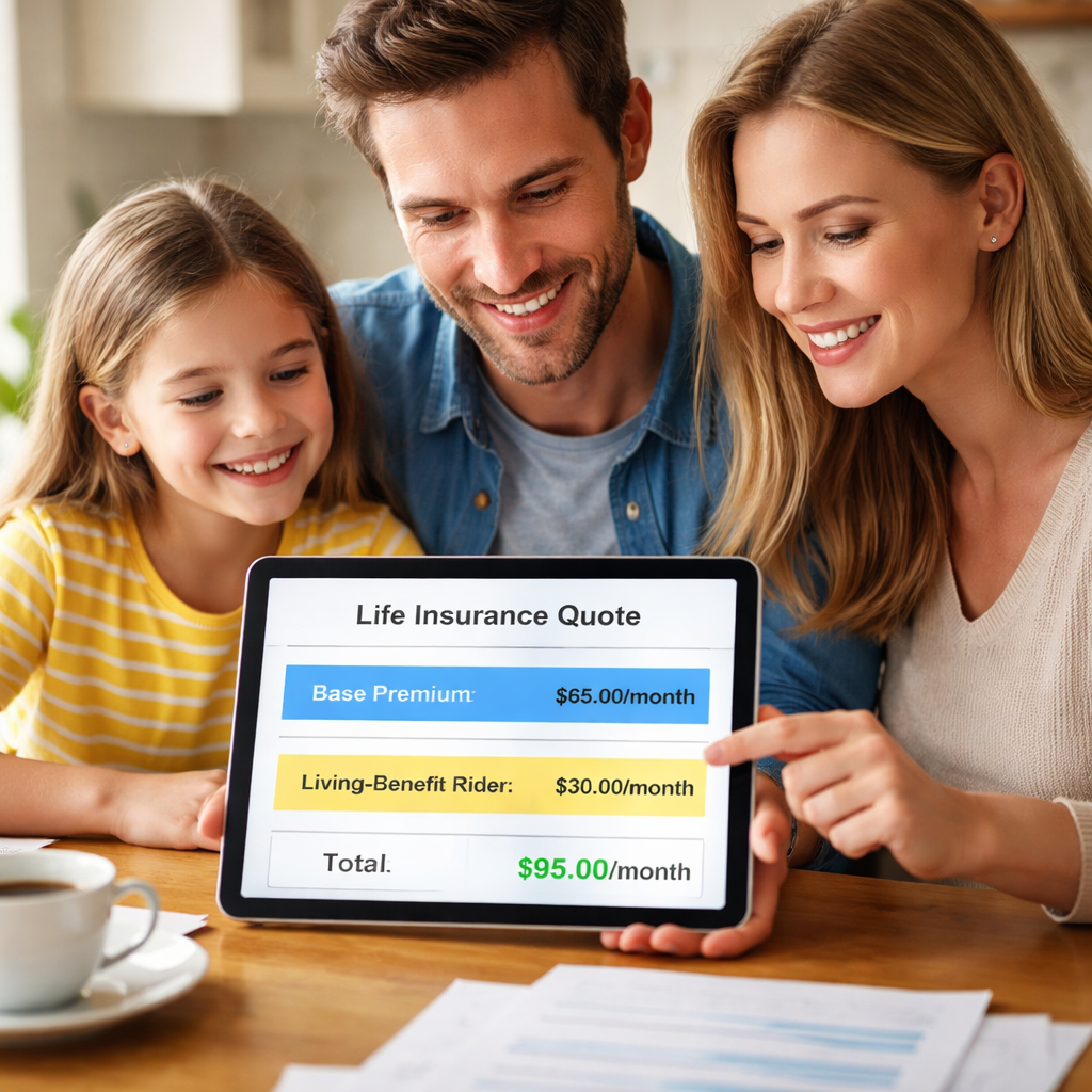 A photorealistic scene of a family sitting at a kitchen table reviewing a life‑insurance quote on a tablet, with highlighted sections showing base premium and added living‑benefit rider cost. The image conveys clarity and reassurance, appealing to families, small‑business owners, and seniors. Alt: life insurance with living benefits cost breakdown visual.