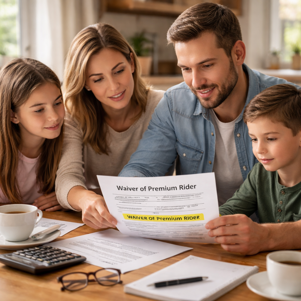 A photorealistic scene of a family gathered around a kitchen table, reviewing a life‑insurance policy document with a highlighted waiver of premium rider clause. Soft natural lighting, realistic textures, showing a calm, confident atmosphere. Alt: Waiver of premium rider life insurance illustration showing family reviewing policy.