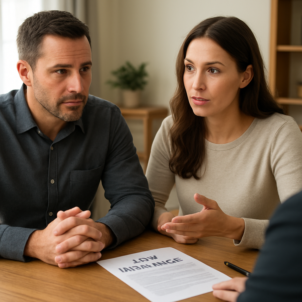 Photorealistic couple discussing life insurance. Alt: living benefits discussion