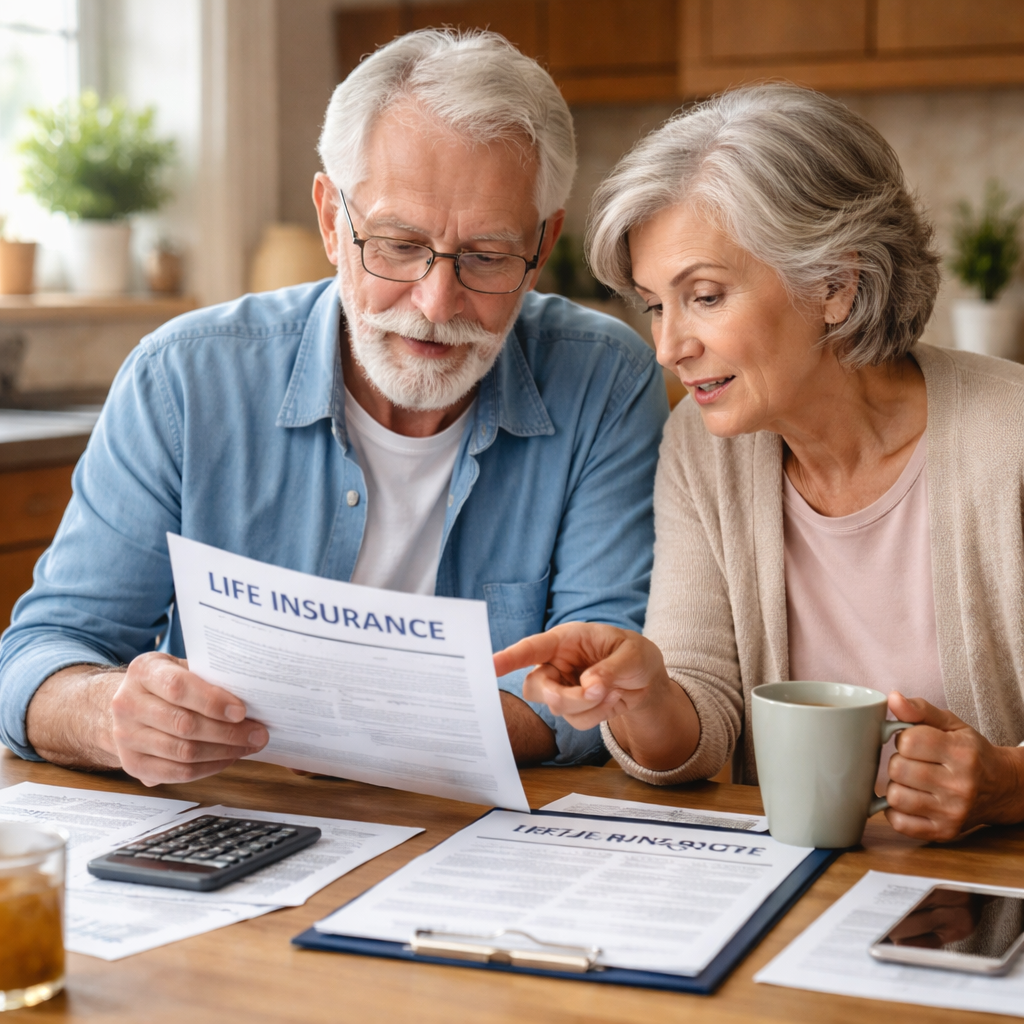 senior couple reviewing life insurance options and quotes for seniors
