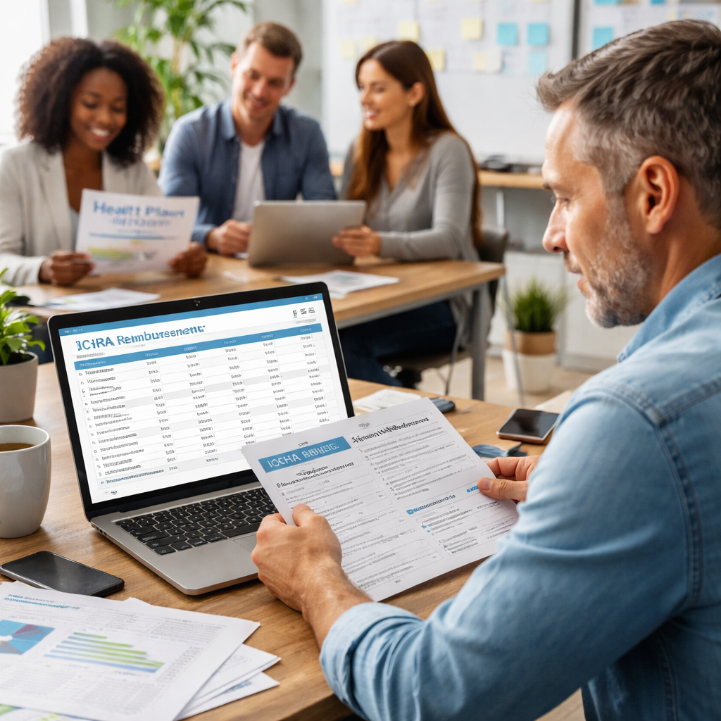 A photorealistic scene of a small business owner reviewing a laptop screen displaying an ICHRA reimbursement spreadsheet, with a diverse group of employees in the background discussing health plan options, realistic lighting, office setting. Alt: Small business owner reviewing ICHRA basics and employee health plan options.