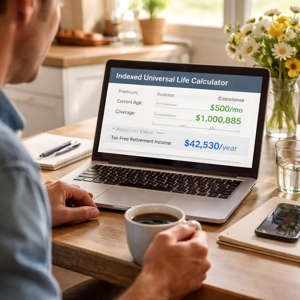 A photorealistic scene of a person sitting at a kitchen table, laptop open to an indexed universal life calculator, numbers displayed on screen, a cup of coffee nearby, soft natural light, Realism style, appealing to families and small business owners.