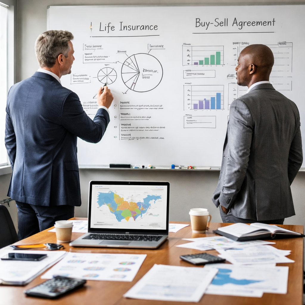 A photorealistic office conference room with two partners facing a whiteboard, papers spread across the table, and a laptop showing a coverage map; Realism, The scene conveys careful planning and collaborative decision‑making for life insurance and buy‑sell strategies. Alt: Two business partners planning insurance coverage and buy‑sell terms.