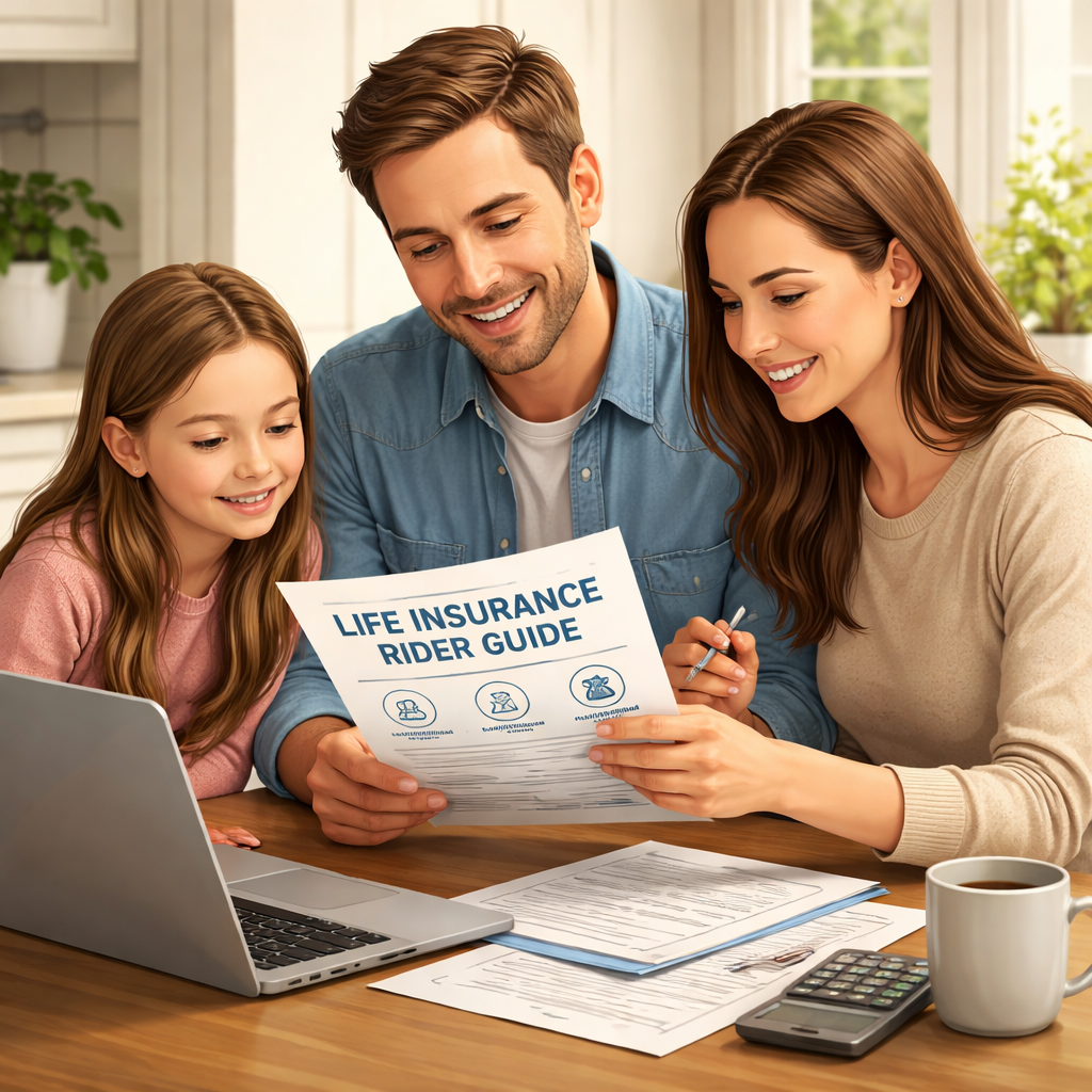 A realistic illustration of a family reviewing life insurance rider options with documents and a laptop. Alt: life insurance rider guide illustration
