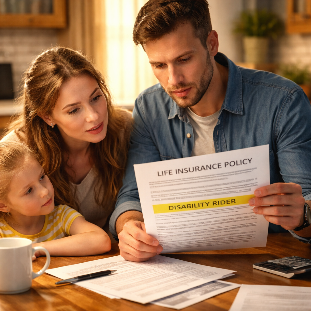 A photorealistic scene of a family sitting at a kitchen table, reviewing a life insurance policy document with a highlighted disability rider clause, warm lighting, realistic details. Alt: life insurance with disability rider coverage illustration.