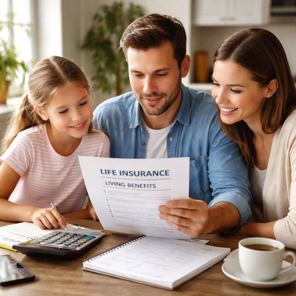 A photorealistic scene of a family sitting at a kitchen table, reviewing a life‑insurance policy document with a calculator and a notebook, showing a clear understanding of living benefits life insurance. Alt: Family reviewing living benefits life insurance options.
