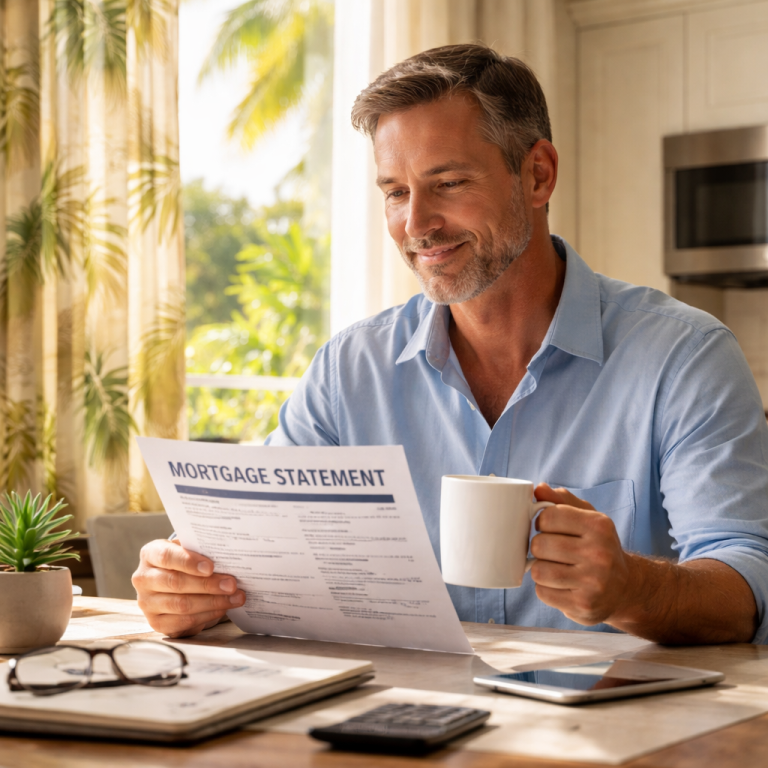 A photorealistic scene of a Florida homeowner reviewing a mortgage statement at a kitchen table, sunlight through palm‑leaf curtains, a calm expression showing peace of mind. Alt: Mortgage protection insurance Florida peace of mind.