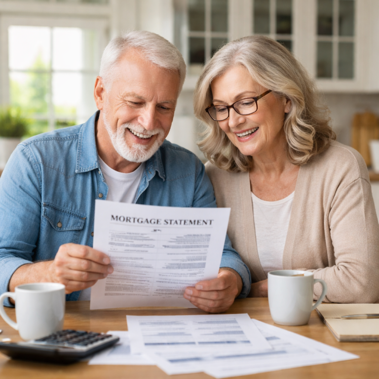 A photorealistic scene of a senior couple sitting at a kitchen table, reviewing a mortgage statement and smiling, with a calm home interior in the background. Alt: senior homeowners reviewing mortgage protection insurance options.