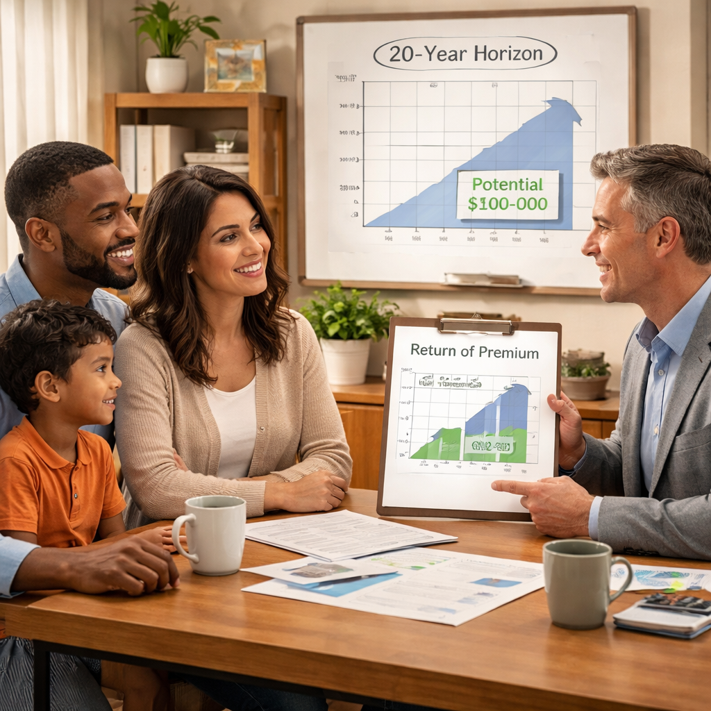 A photorealistic scene depicting a calm, diverse family meeting with a trusted advisor in a cozy home office, a calendar marked 20-year horizon and a simple chart showing a potential refund, conveying the idea of return of premium term life insurance. Alt: Realistic family planning scene.