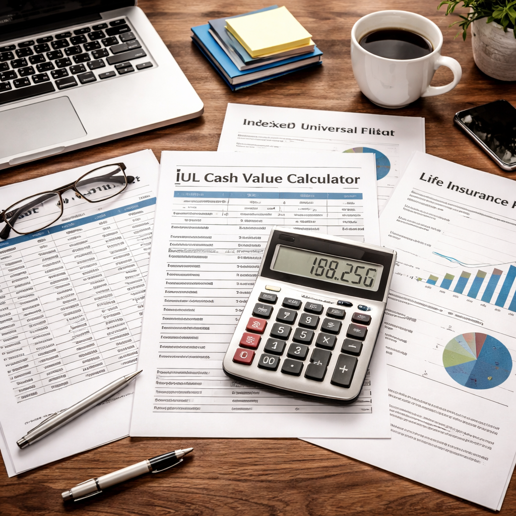 IUL cash value calculator policy documents and financial planning materials on desk.