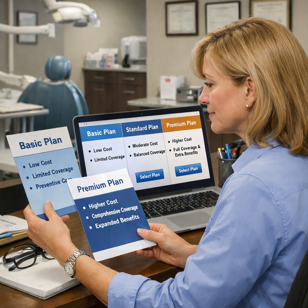 dentist office manager reviewing health insurance plan types