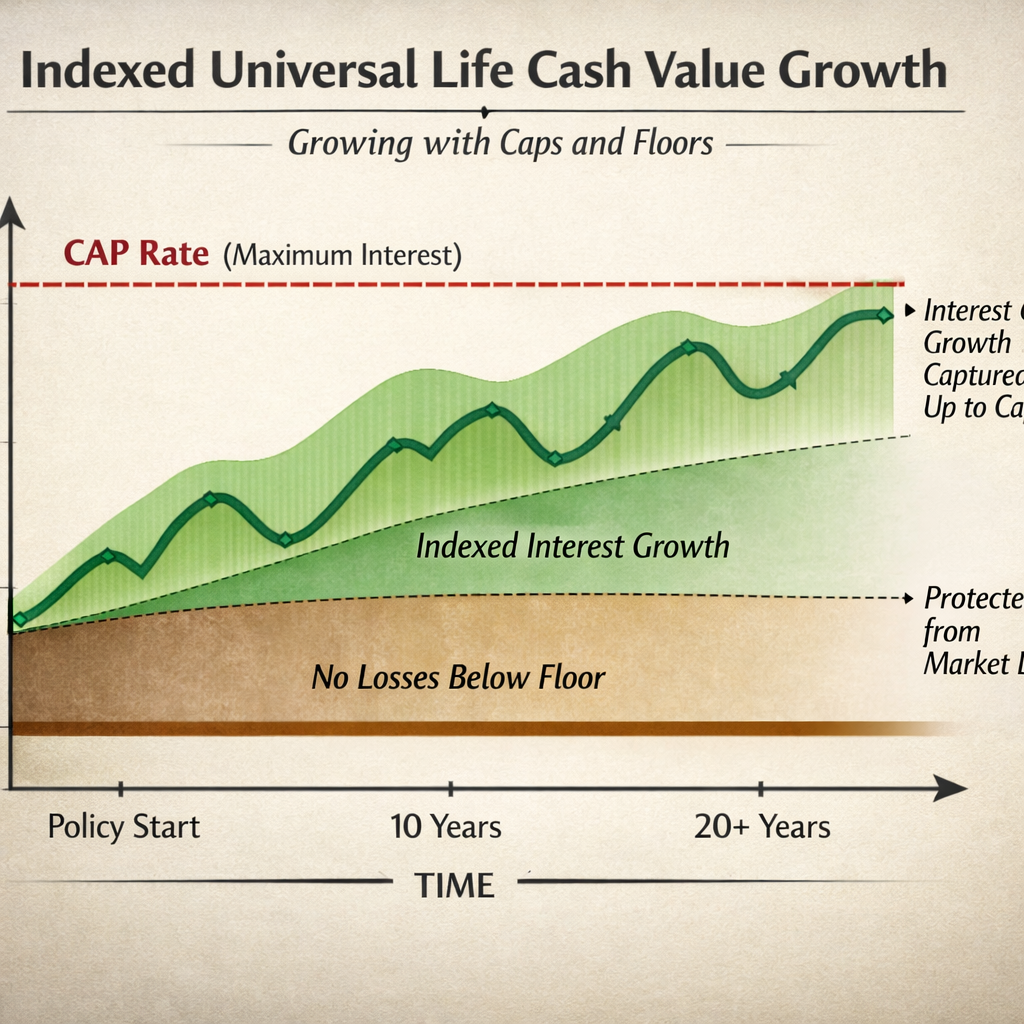 A realistic illustration of a chart showing an indexed universal life policy’s cash value growing over time with caps an