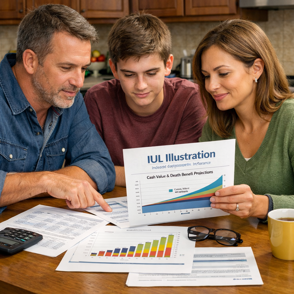 family reviewing IUL cash value illustration