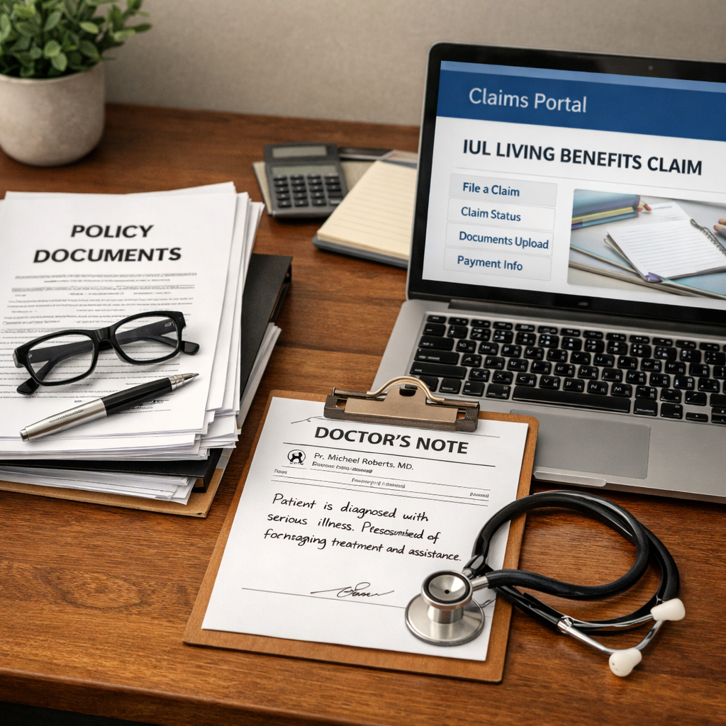 “Gathering medical and financial documents for IUL living benefits claim.”