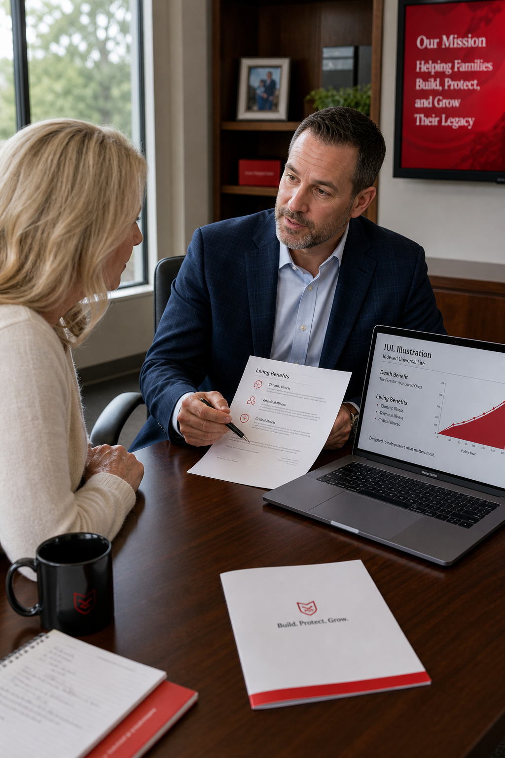 "financial advisor reviewing IUL living benefits with client"