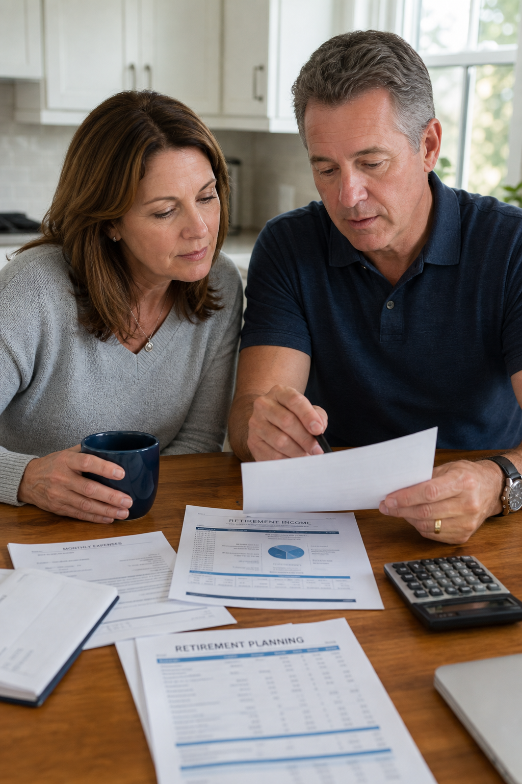 A photorealistic image of a middle-aged couple sitting at a kitchen table with financial documents, a calculator, and a coffee mug, reviewing retirement plans. Alt: Assessing retirement income needs for IUL policy selection.