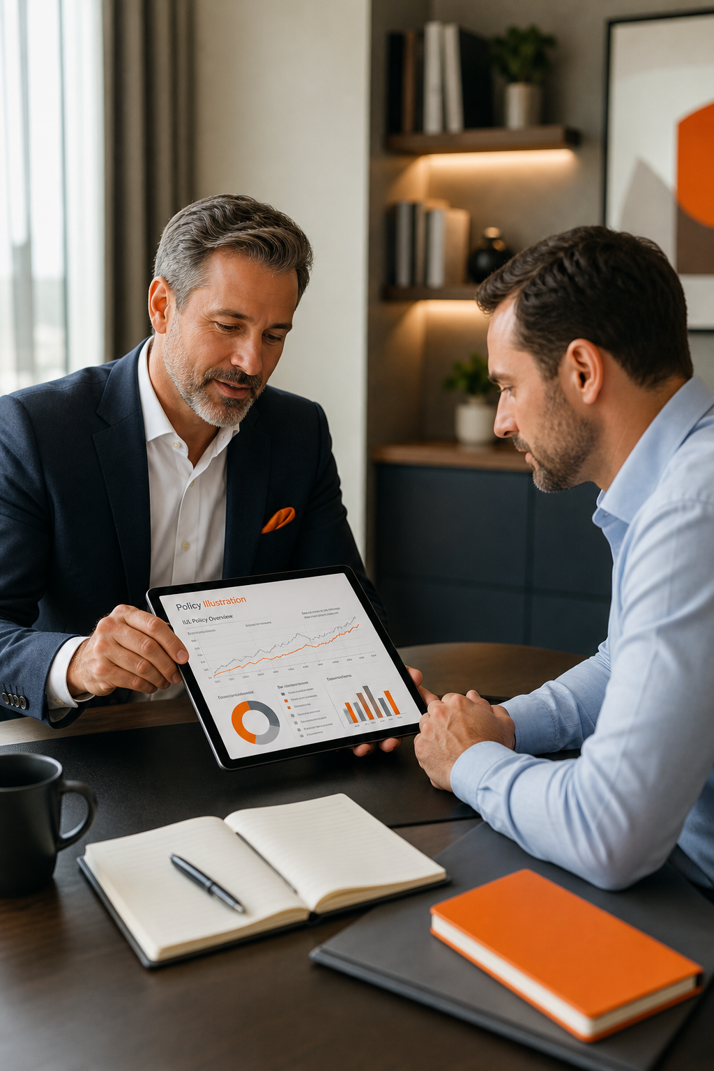 A professional advisor and a client sitting at a modern desk, reviewing a policy illustration on a tablet. The room has a calm, professional atmosphere. Alt: Financial advisor explaining IUL policy benefits to high net worth client.