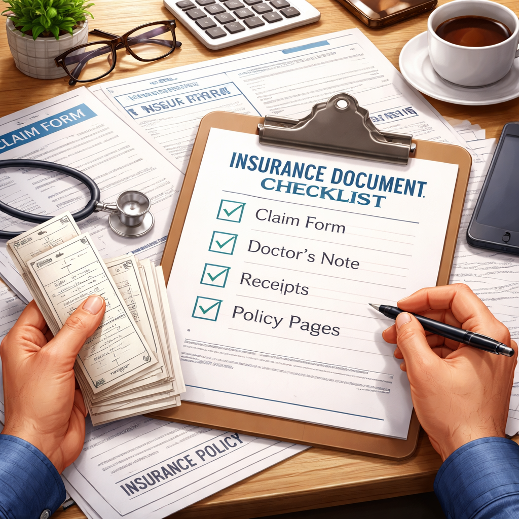 A realistic illustration of a person sorting insurance documents on a desk, with a clipboard showing a checklist of claim form, doctor’s note, receipts, and policy pages. Alt: detailed guide to gathering IUL living benefits documentation
