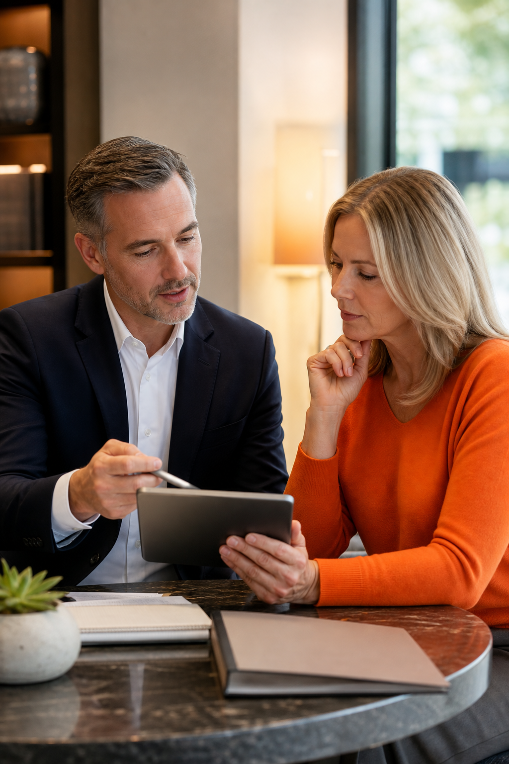 A professional consultation room with a financial advisor and client reviewing policy documents on a tablet, warm lighting, realistic style. Alt: Financial advisor explaining IUL policy design to a client.