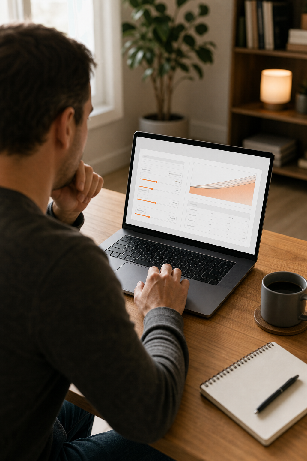 A person sitting at a desk with a laptop, entering numbers into an insurance calculator webpage, with a cup of coffee beside them. Alt: Using an IUL cash value projection calculator on a laptop
