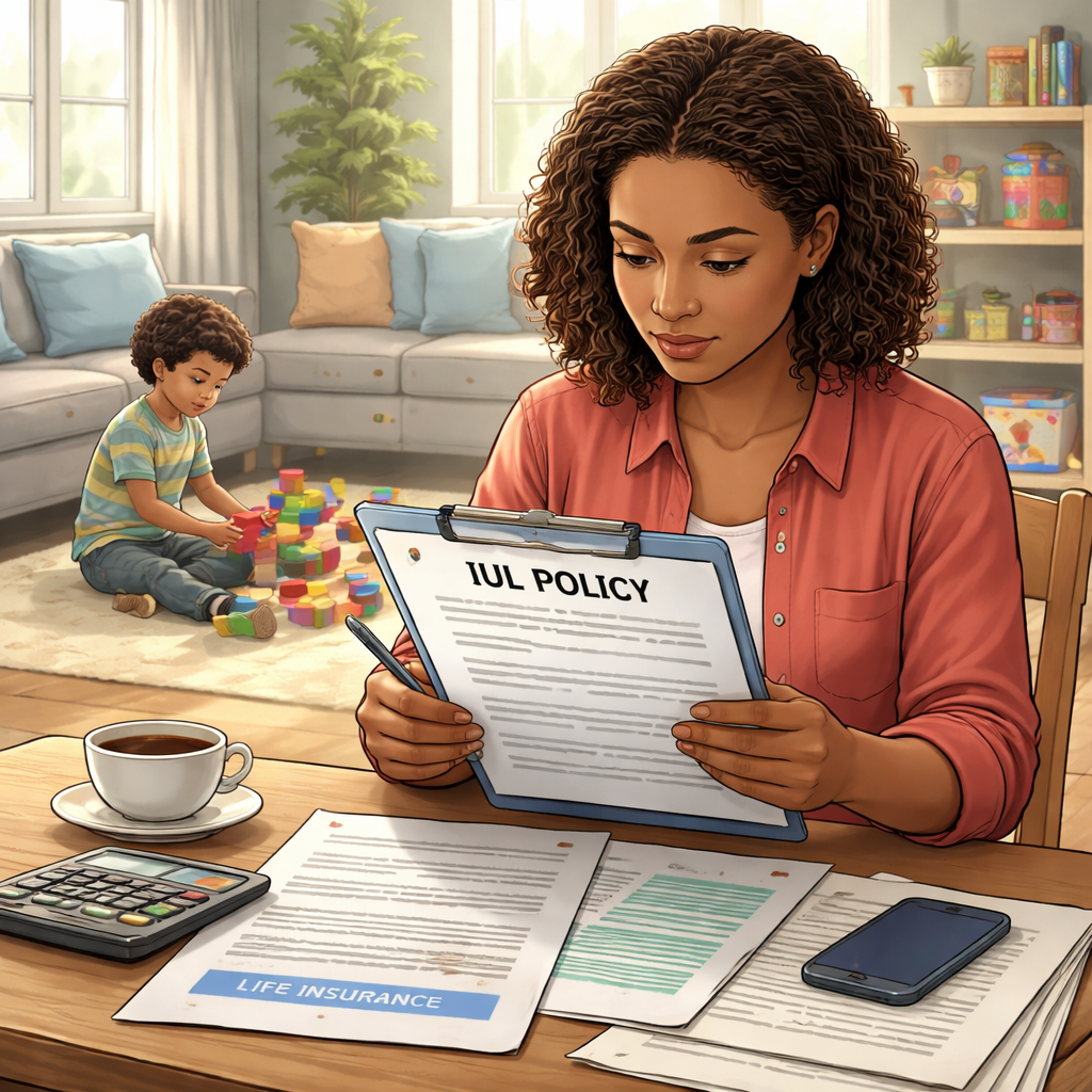 A realistic illustration of a single parent reviewing an IUL policy document, with a child playing in the background. Alt: indexed universal life insurance for single parents visual guide