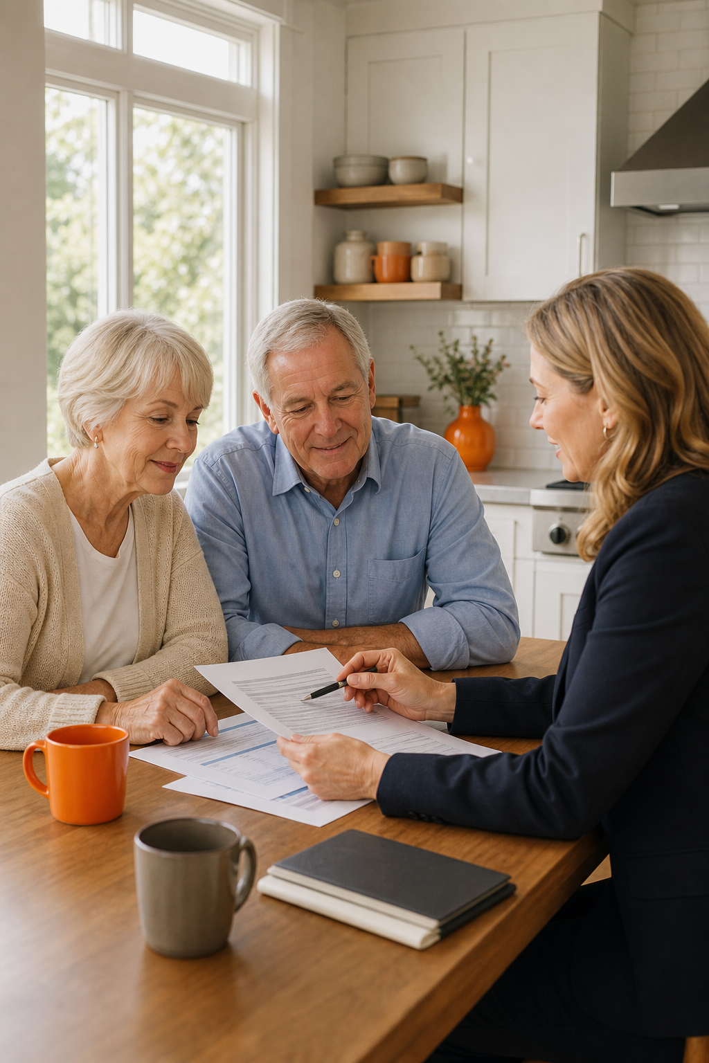 A retired couple sitting at a kitchen table reviewing financial documents with a friendly advisor, natural light streaming through a window. Alt: Retirees planning indexed universal life policy with advisor