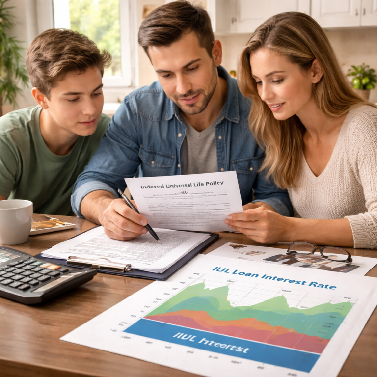 A photorealistic scene of a family at a kitchen table reviewing an indexed universal life policy document, with a calculator and a chart showing a low interest floor, illustrating the concept of an IUL loan interest rate. Alt: indexed universal life policy loan interest rate illustration