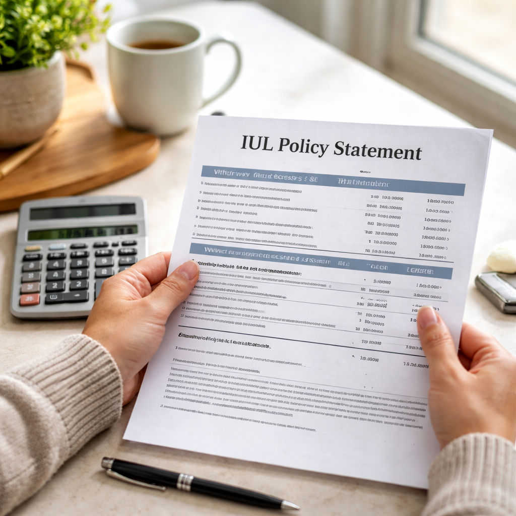 A realistic photo of a person at a kitchen table reviewing an IUL policy statement, calculator and pen on the table, showing the calculation of withdrawal excess and penalty, photorealistic, bright natural light.
